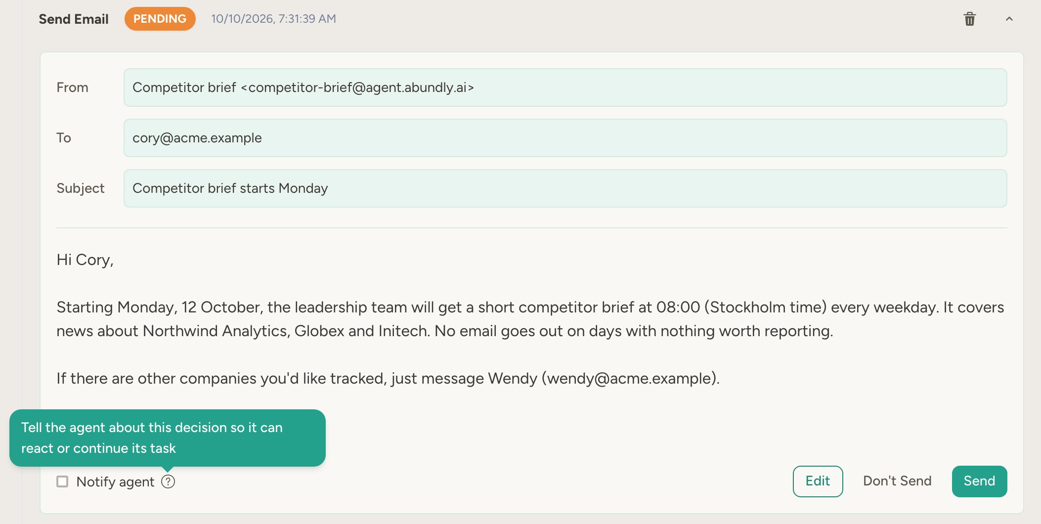 Approval card on the Approvals tab with the Notify agent checkbox highlighted and its tooltip visible