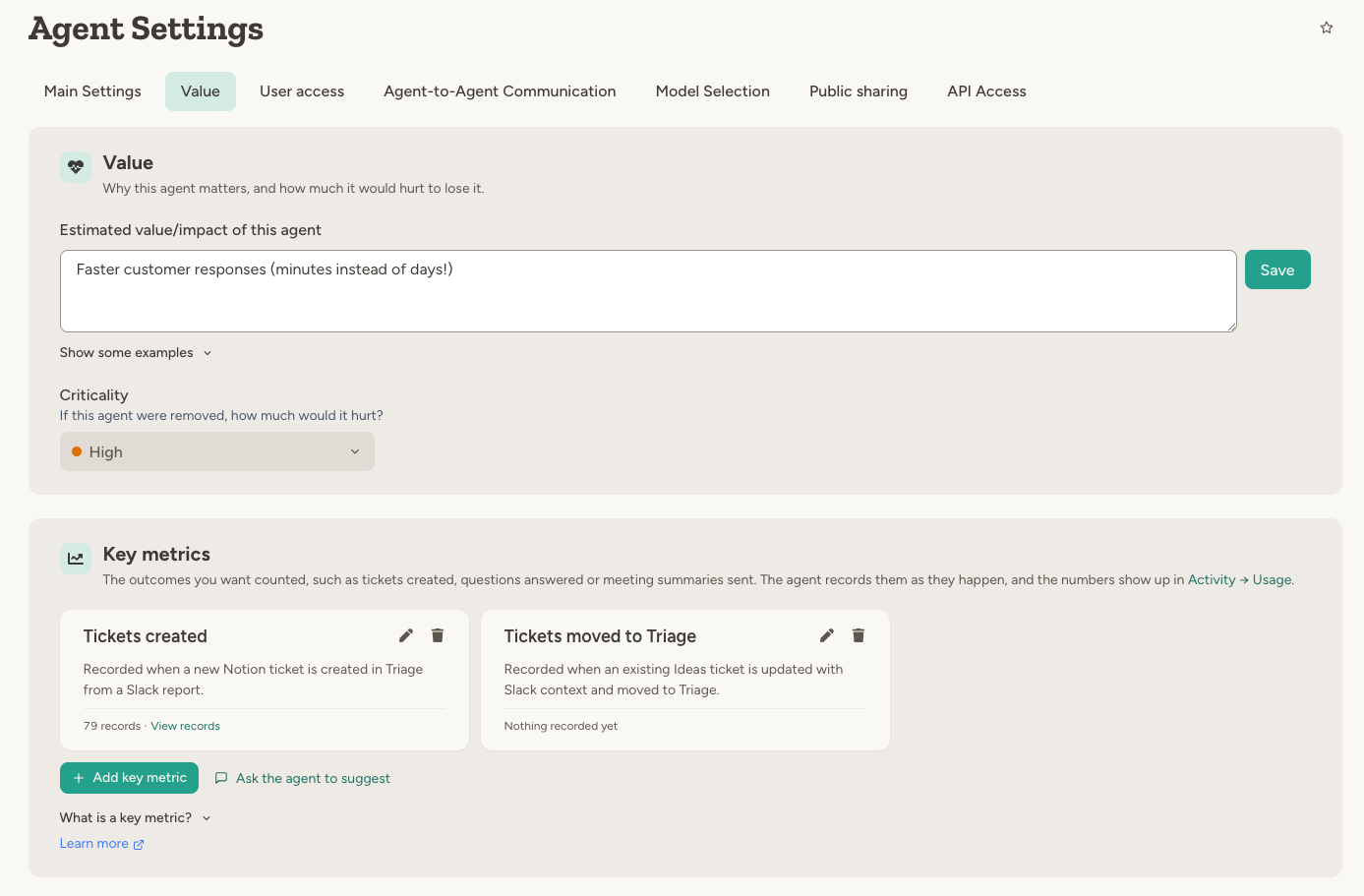 The Value tab of an agent's settings, with the value statement, criticality and two key metrics