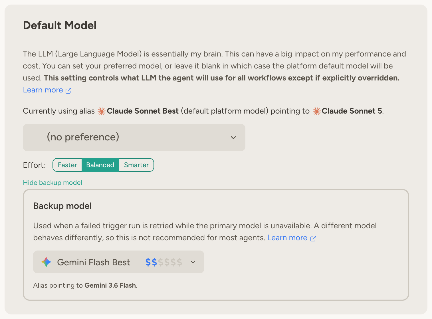 Default Model settings with the backup model section expanded, showing the disclaimer and a Gemini Flash backup selected