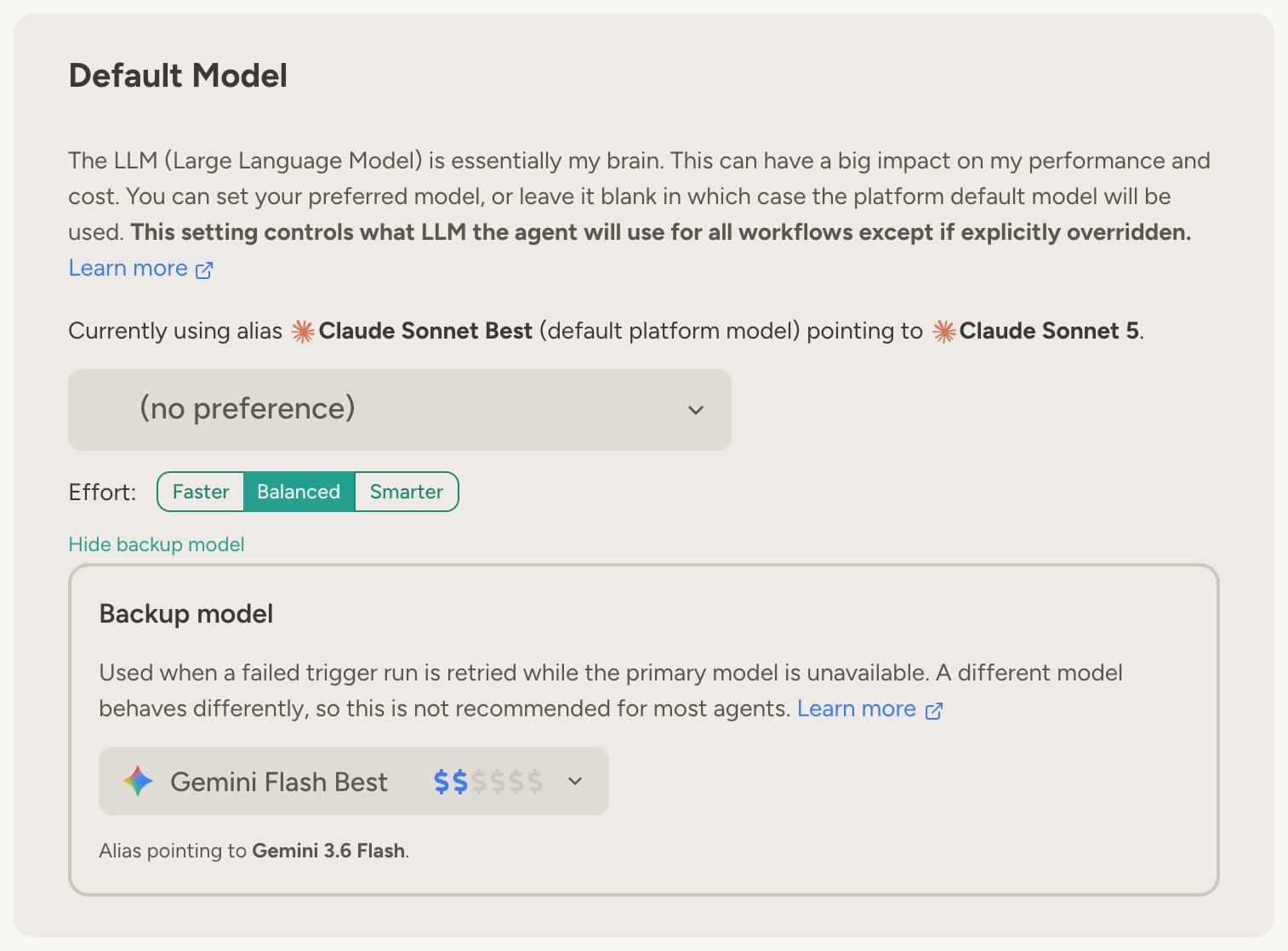 Default Model settings with the backup model section expanded, showing the disclaimer and a Gemini Flash backup selected