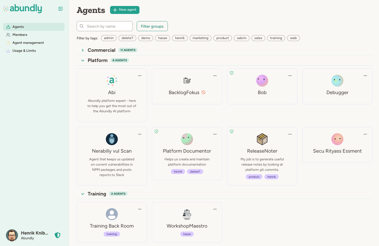 Agents page showing agents organized by group, with Commercial, Platform, and Training groups