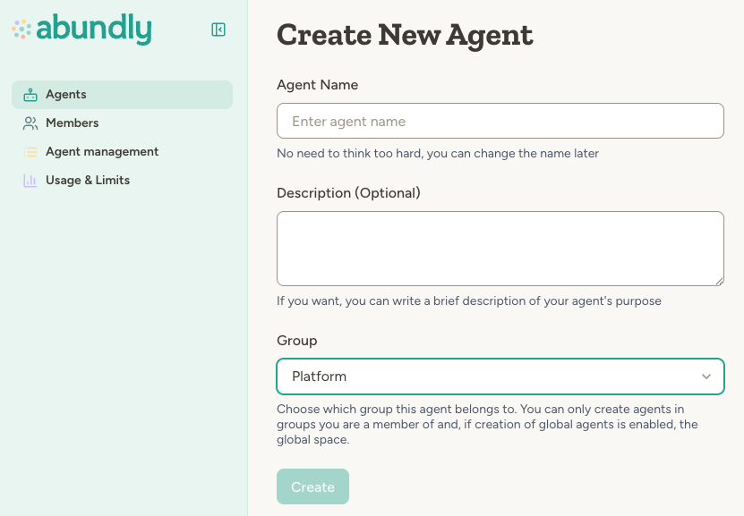 Create New Agent form showing a Group dropdown to select which group the agent belongs to