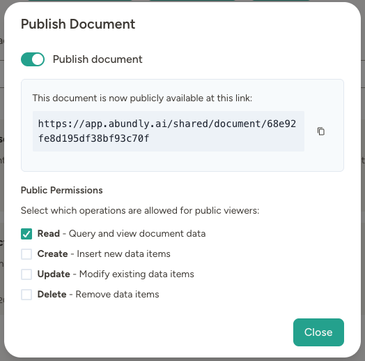 Publish document dialog