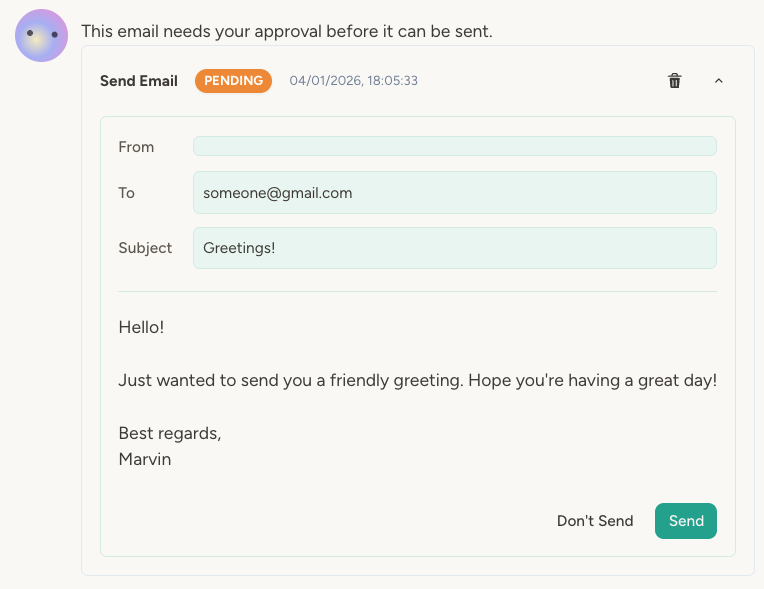 Email approval request widget in the chat