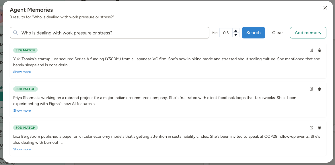 Agent Memories dialog showing semantic search results with match percentages