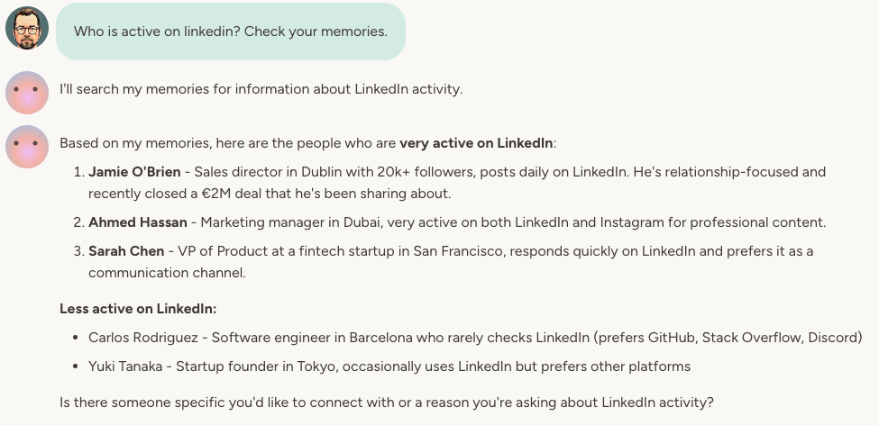 Agent searching its memories to answer a question about LinkedIn activity, returning categorized results