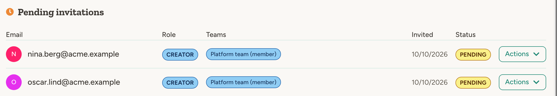 Pending invitations section showing an unaccepted invitation with email, role, date, and status