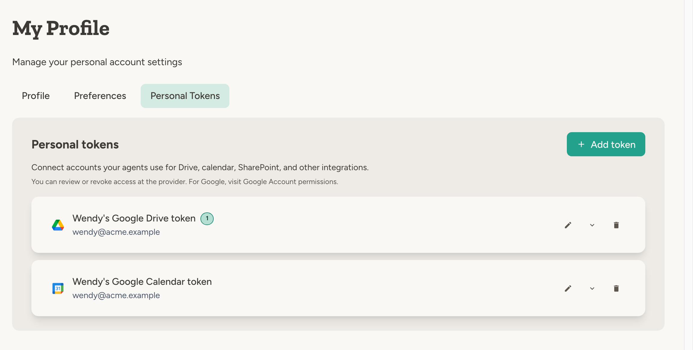 Personal Tokens page showing connected Google Drive and Calendar tokens