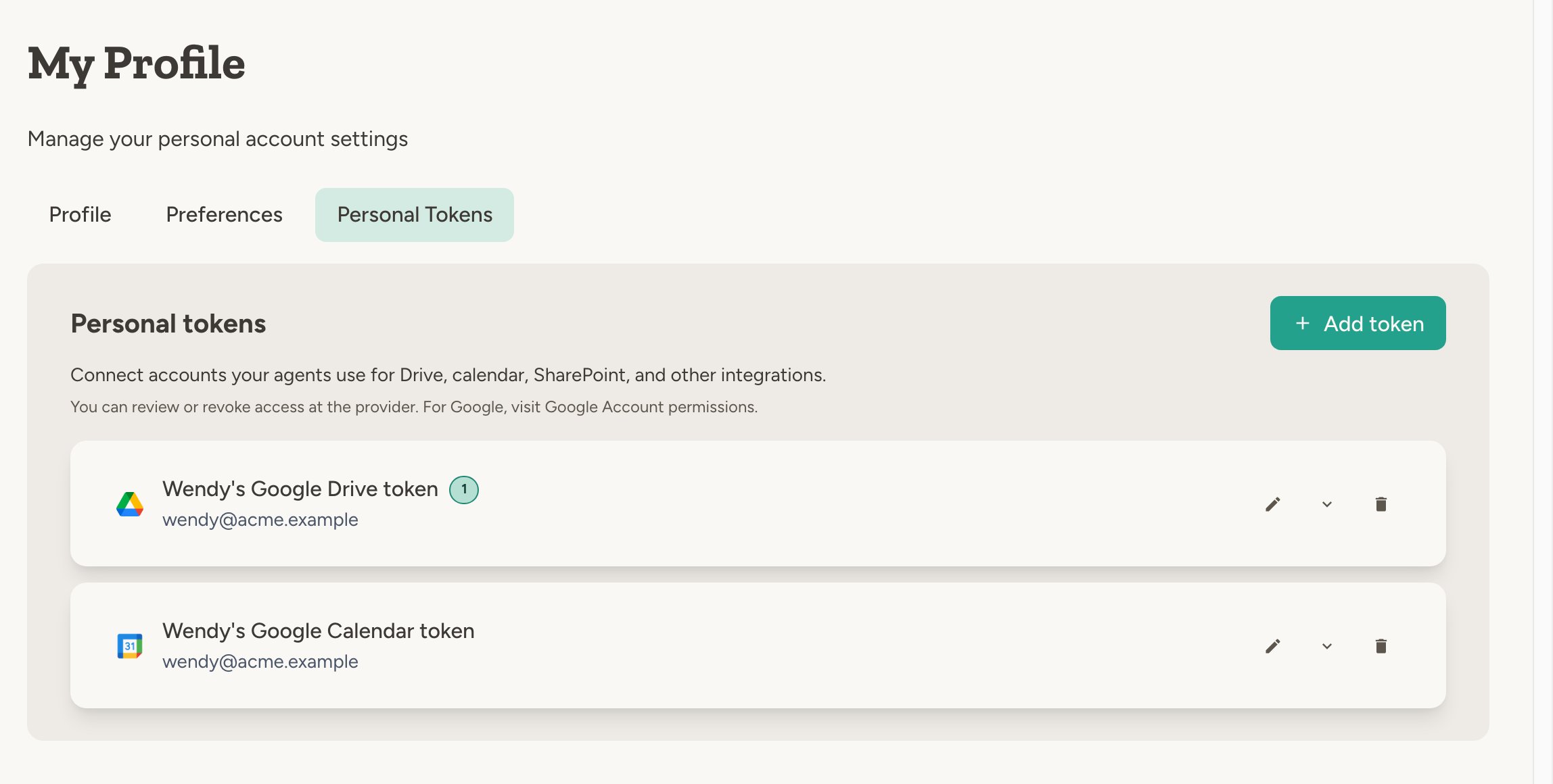 Personal Tokens page showing connected Google Drive and Calendar tokens
