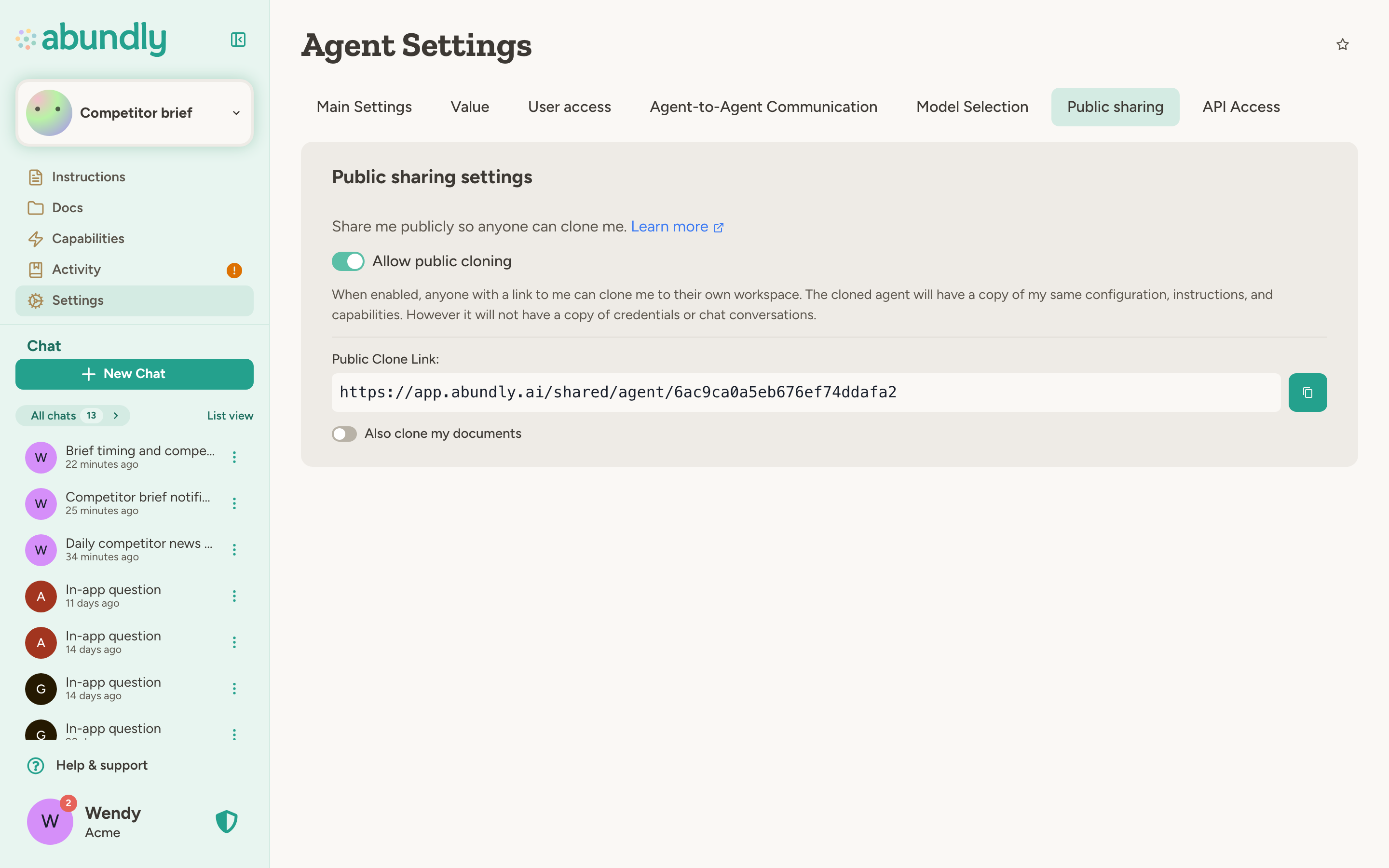 Public sharing settings panel with toggle to allow public cloning and a shareable link