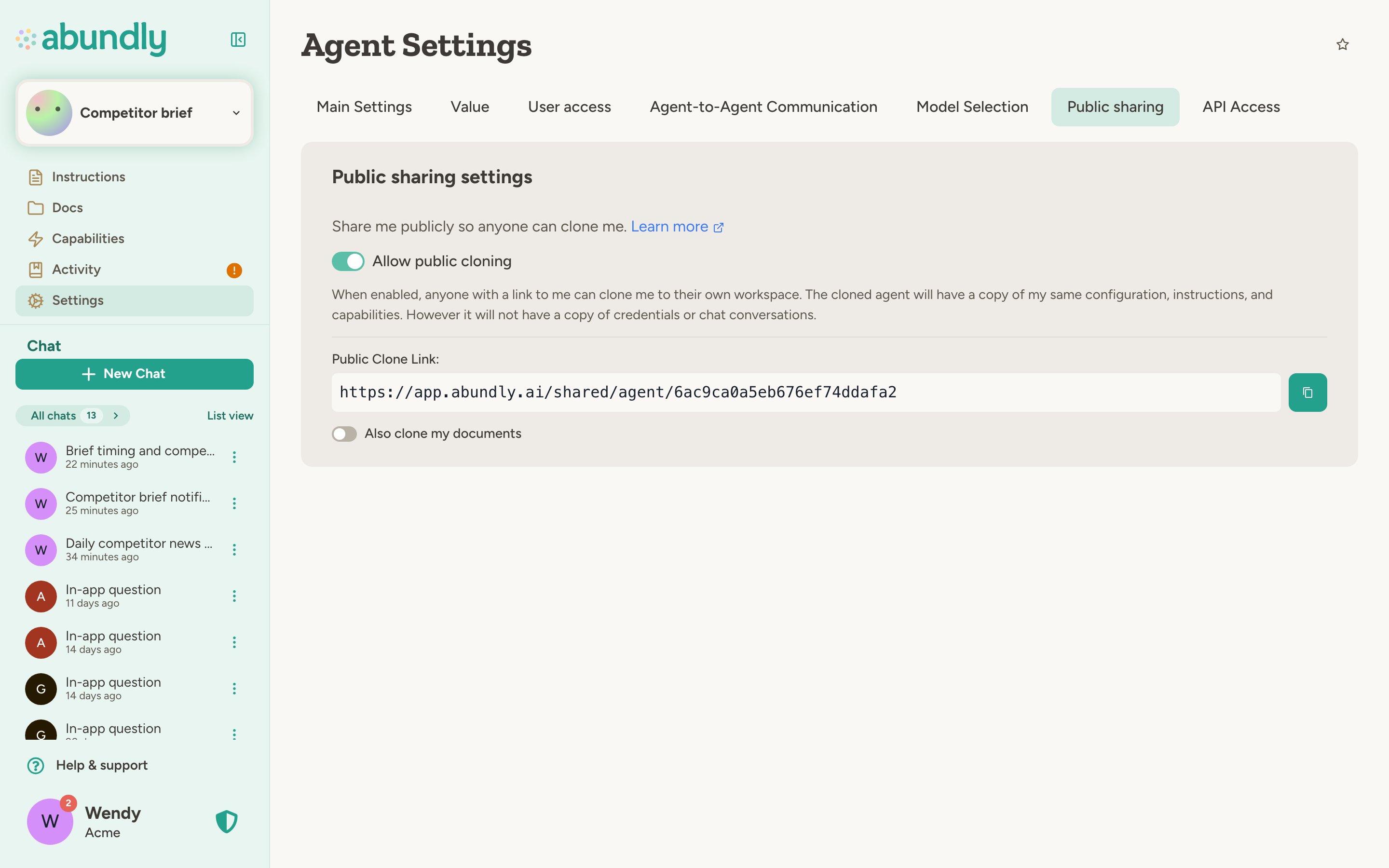 Public sharing settings panel with toggle to allow public cloning and a shareable link