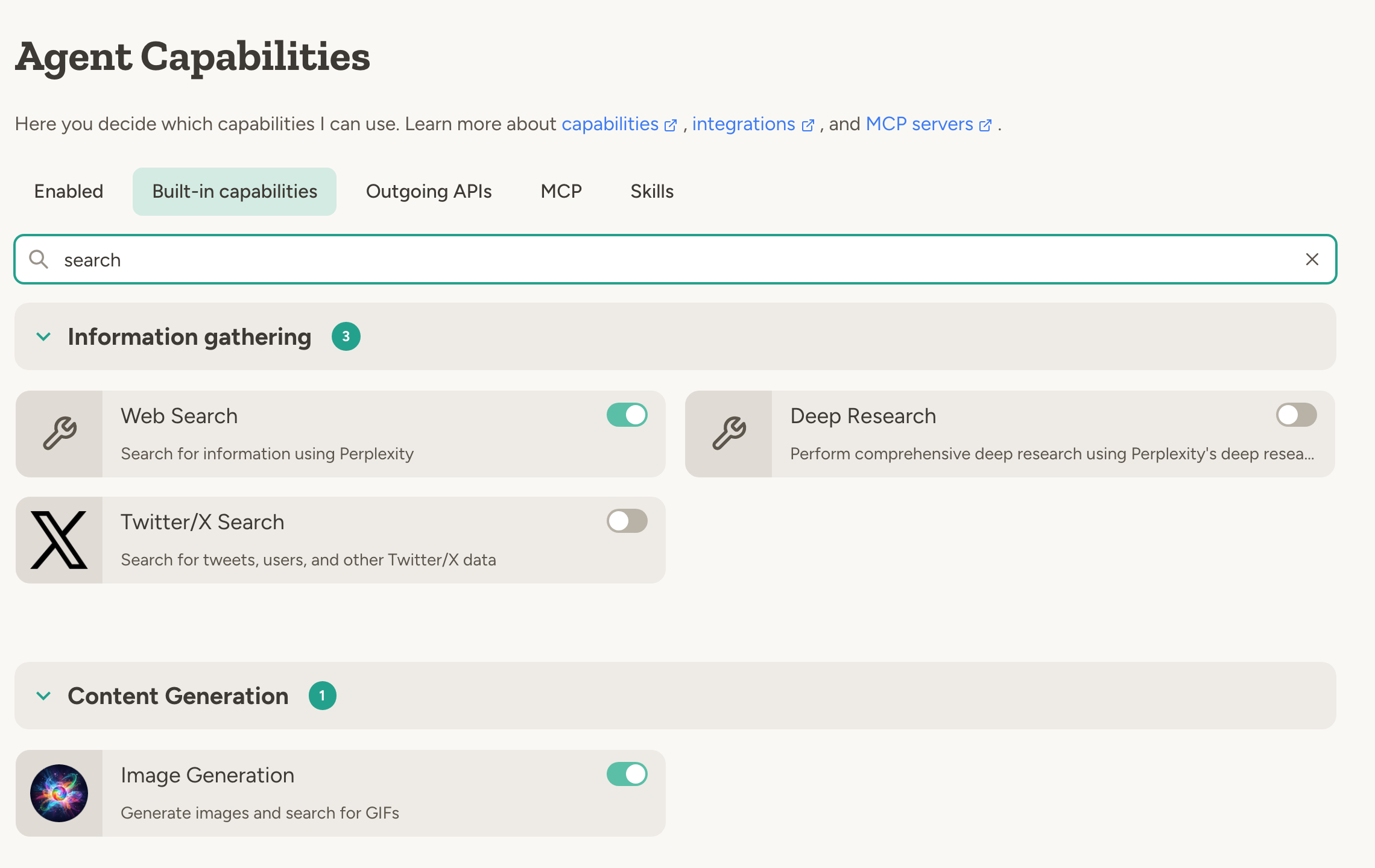 Built-in capabilities filtered on search: Web Search, Deep Research, Twitter/X Search and Image Generation