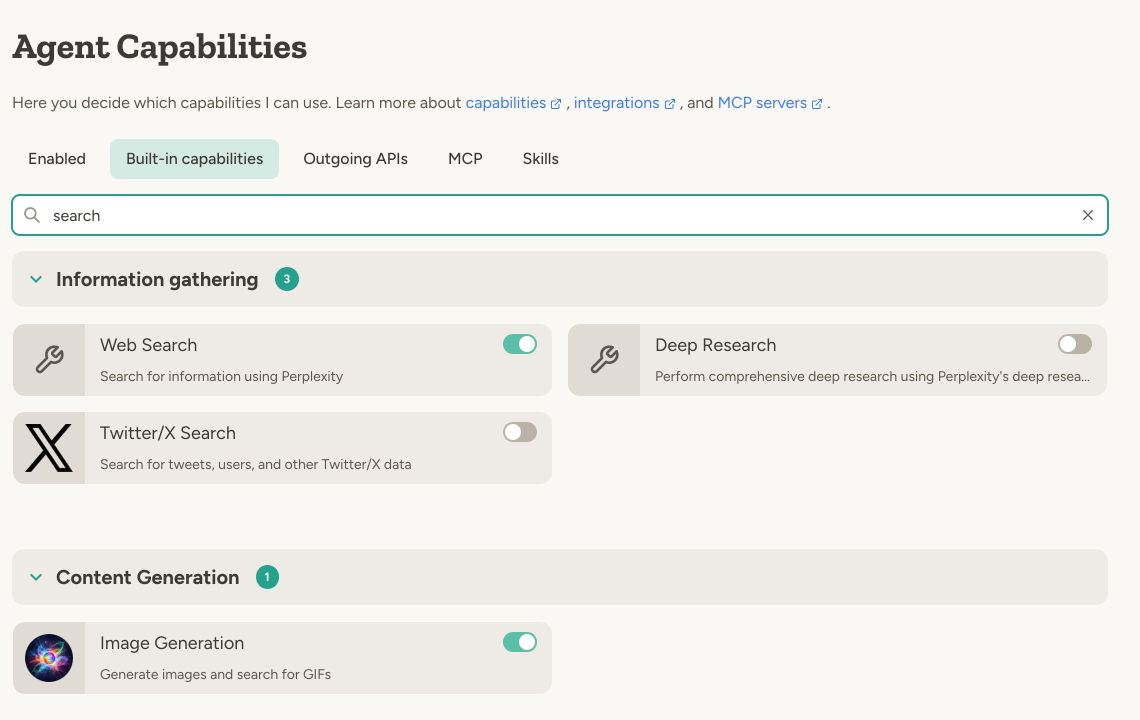 Built-in capabilities filtered on search: Web Search, Deep Research, Twitter/X Search and Image Generation