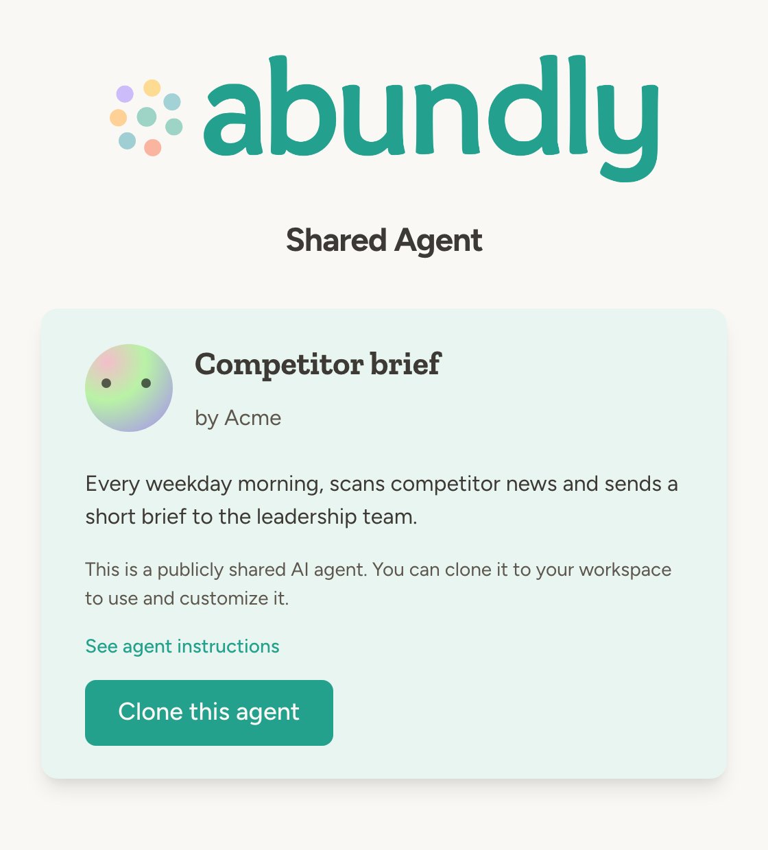Shared agent landing page showing agent name, creator, and Clone this agent button