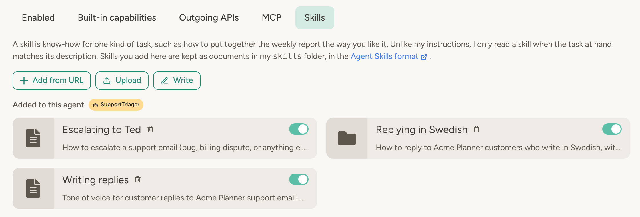 Skills tab of a support agent with three skills of its own: Escalating to Ted, Replying in Swedish and Writing replies