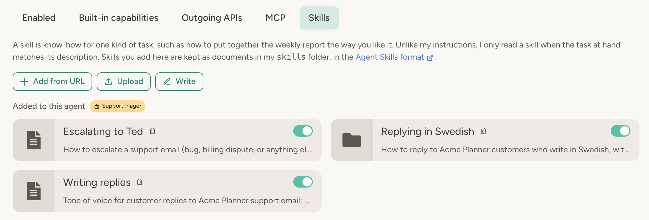 Skills tab of a support agent with three skills of its own: Escalating to Ted, Replying in Swedish and Writing replies
