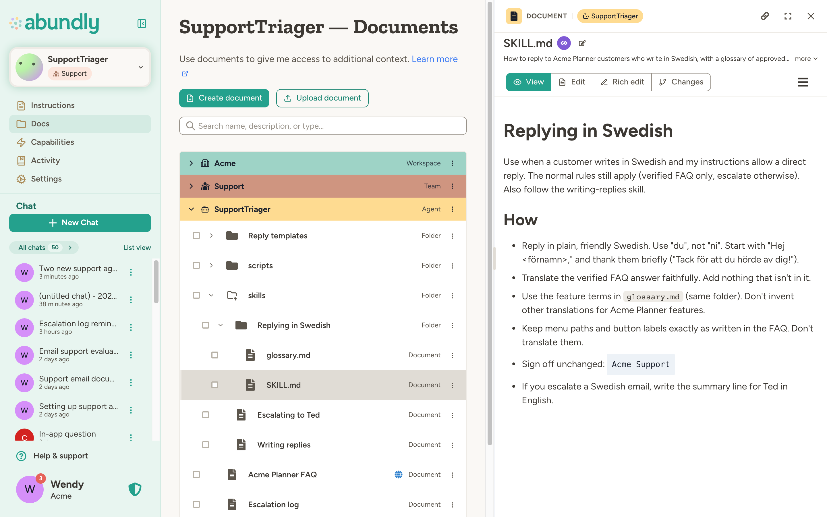 The agent's Docs page with the skills folder expanded: a Replying in Swedish folder with SKILL.md and glossary.md, plus two single-file skills. SKILL.md is open on the right