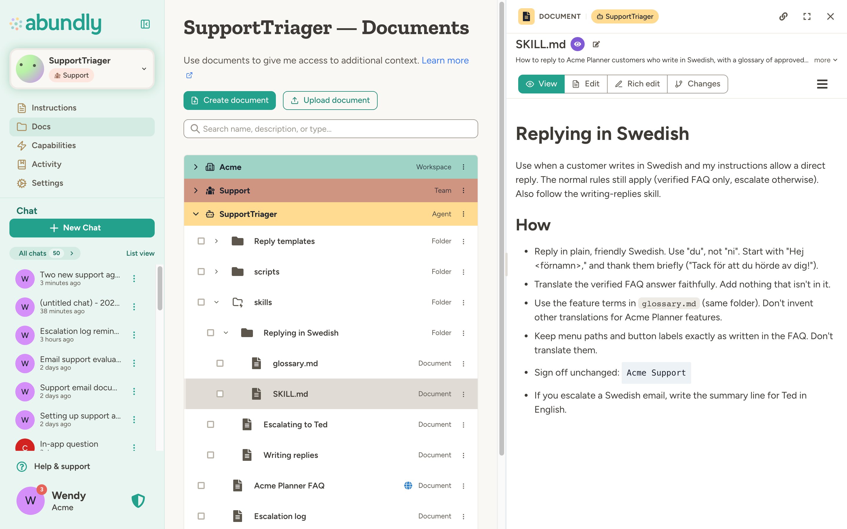 The agent's Docs page with the skills folder expanded: a Replying in Swedish folder with SKILL.md and glossary.md, plus two single-file skills. SKILL.md is open on the right