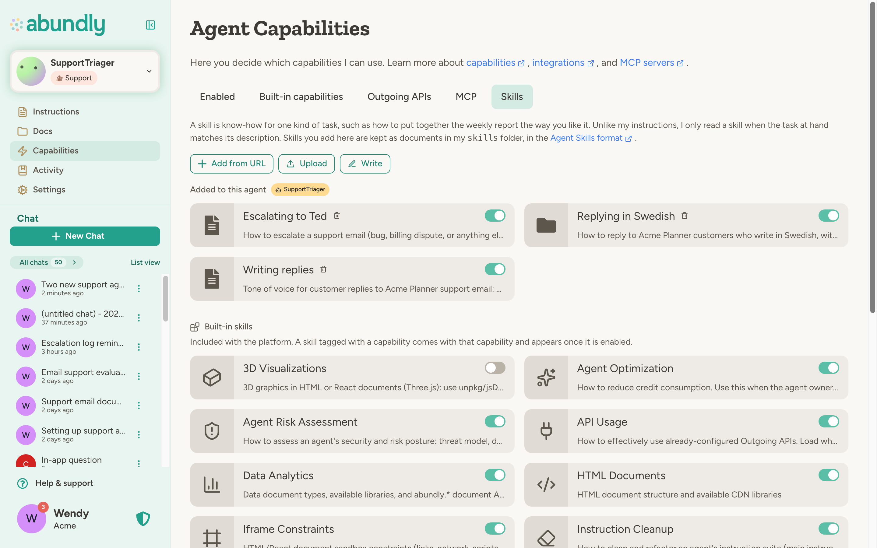 Skills tab of a support agent: buttons to add a skill from a URL, upload or write one, three skills added to this agent, and built-in skills below with 3D Visualizations turned off