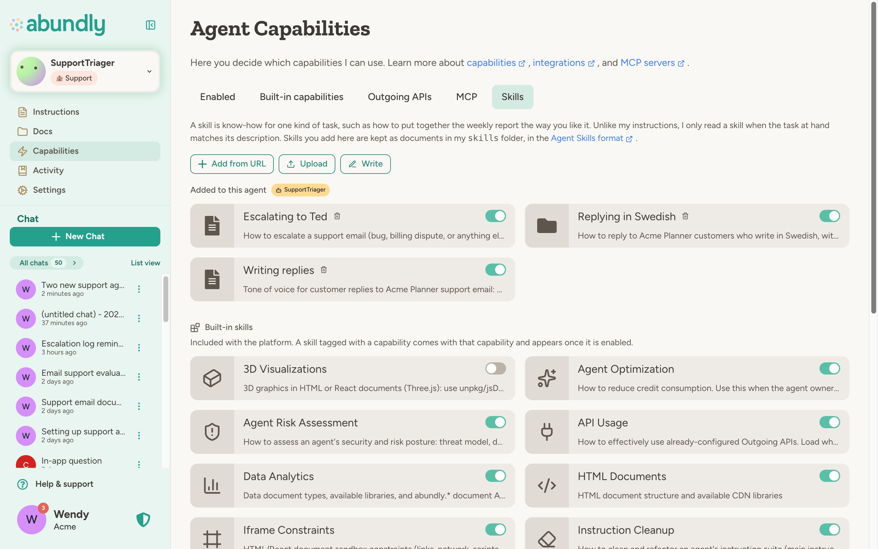 Skills tab of a support agent: buttons to add a skill from a URL, upload or write one, three skills added to this agent, and built-in skills below with 3D Visualizations turned off