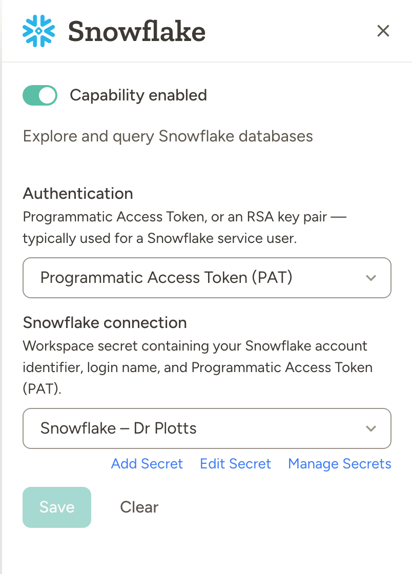 Snowflake capability settings using a Programmatic Access Token stored as a workspace secret