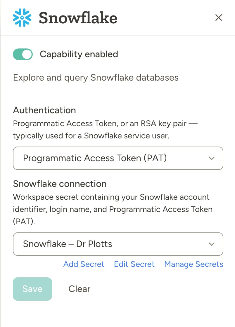 Snowflake capability settings using a Programmatic Access Token stored as a workspace secret