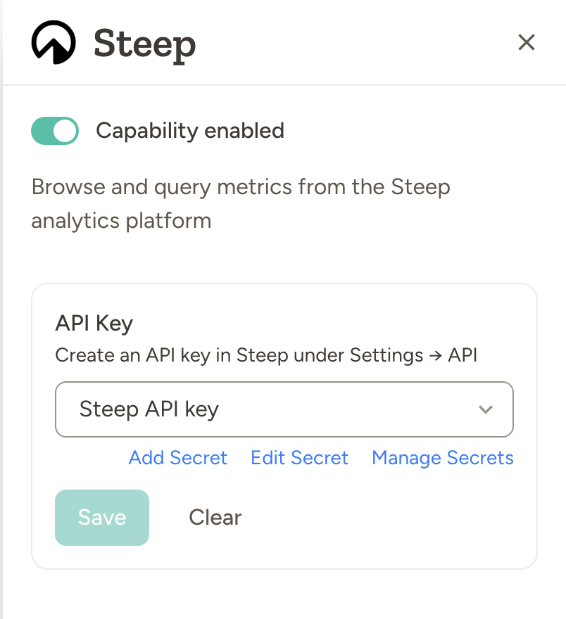 Steep capability settings with an API key stored as a workspace secret