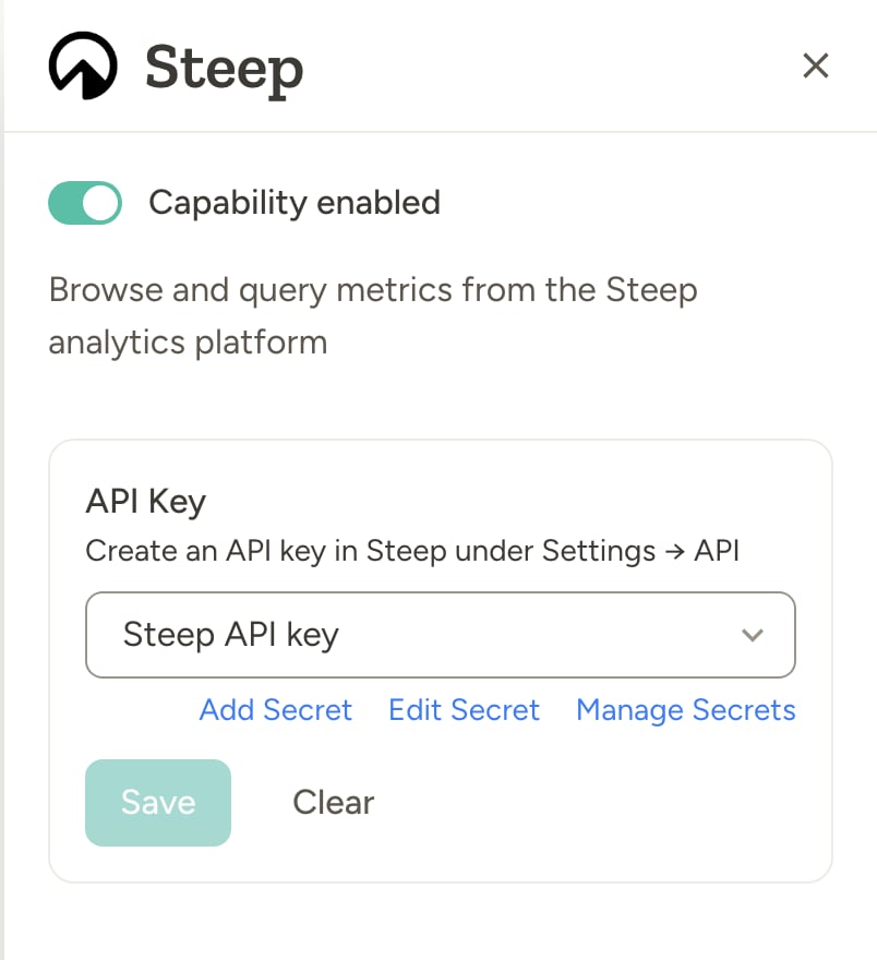 Steep capability settings with an API key stored as a workspace secret