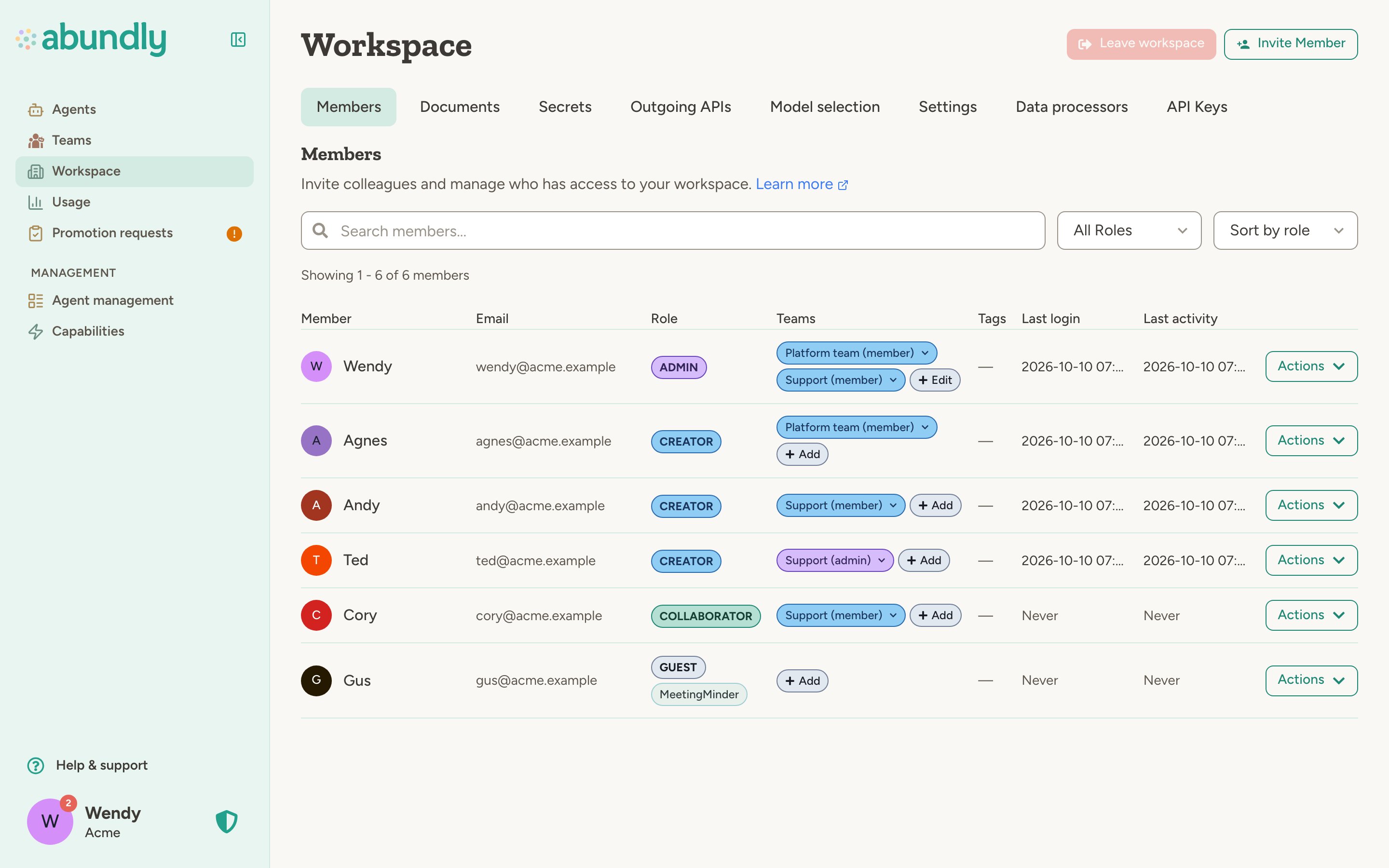 Workspace members page showing a list of members with their emails and roles