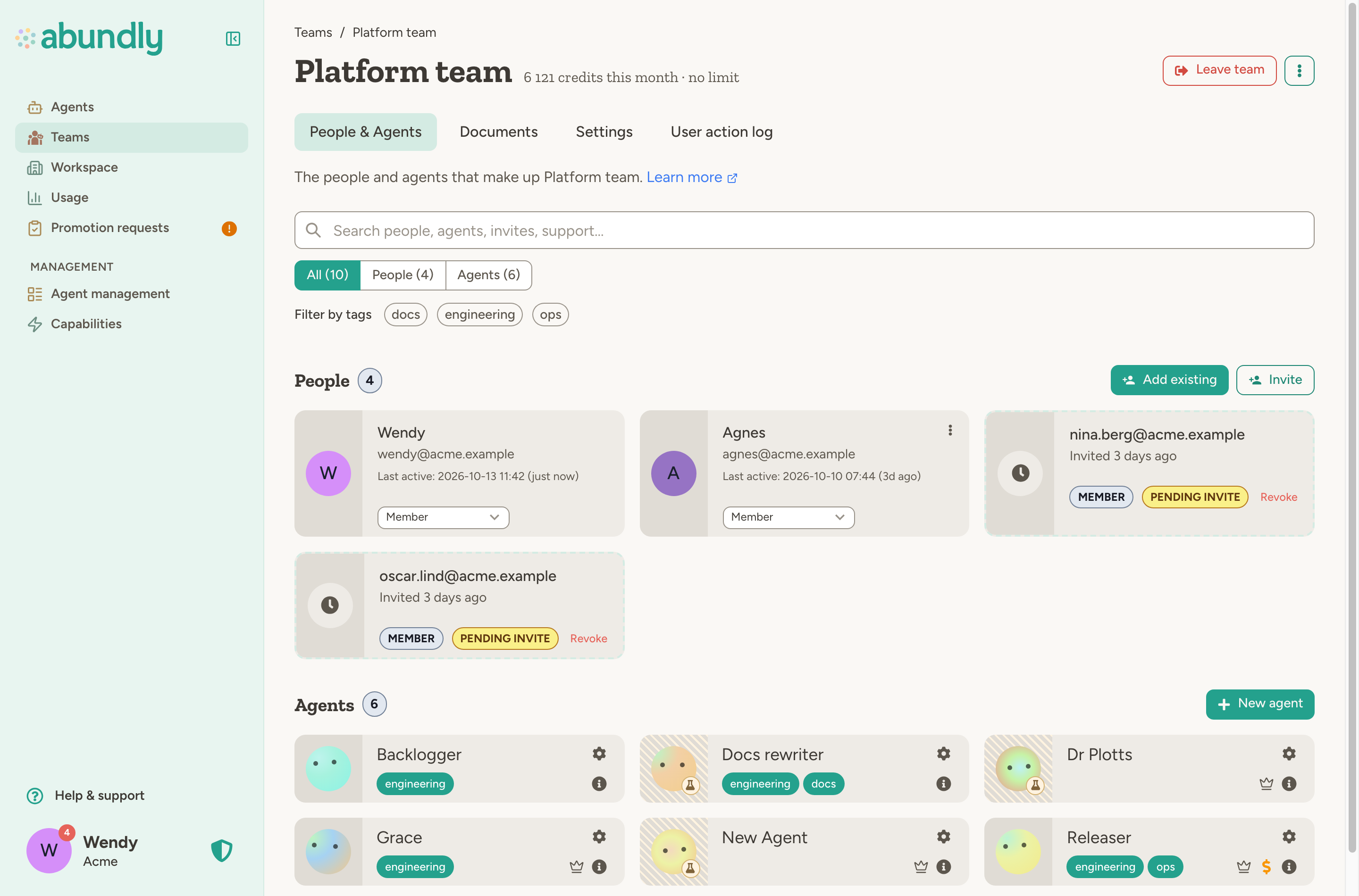 Platform team's home page on the People & Agents tab: search, All/People/Agents filters, tag filters, two members, two pending invites and six agents