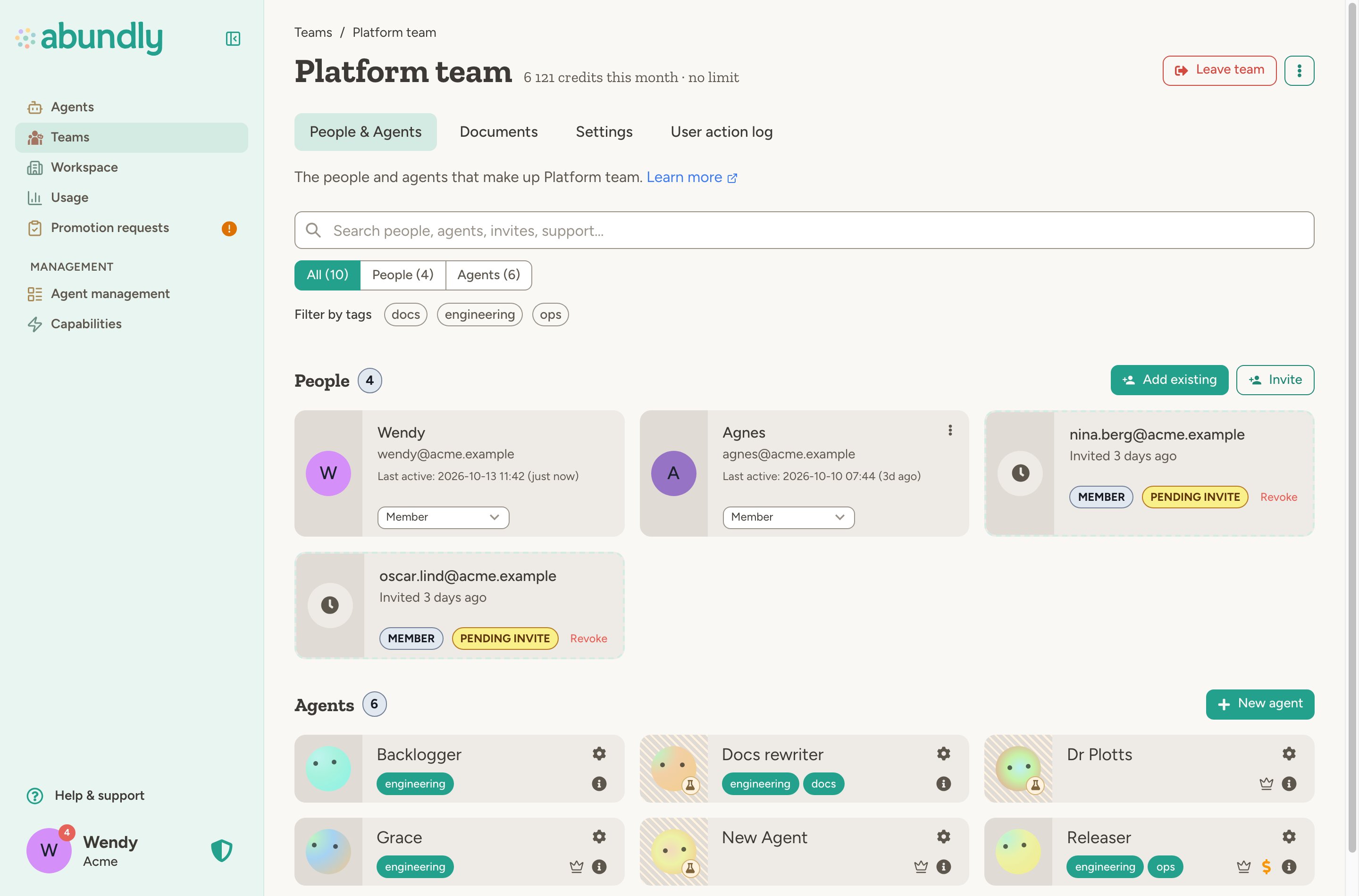 Platform team's home page on the People & Agents tab: search, All/People/Agents filters, tag filters, two members, two pending invites and six agents