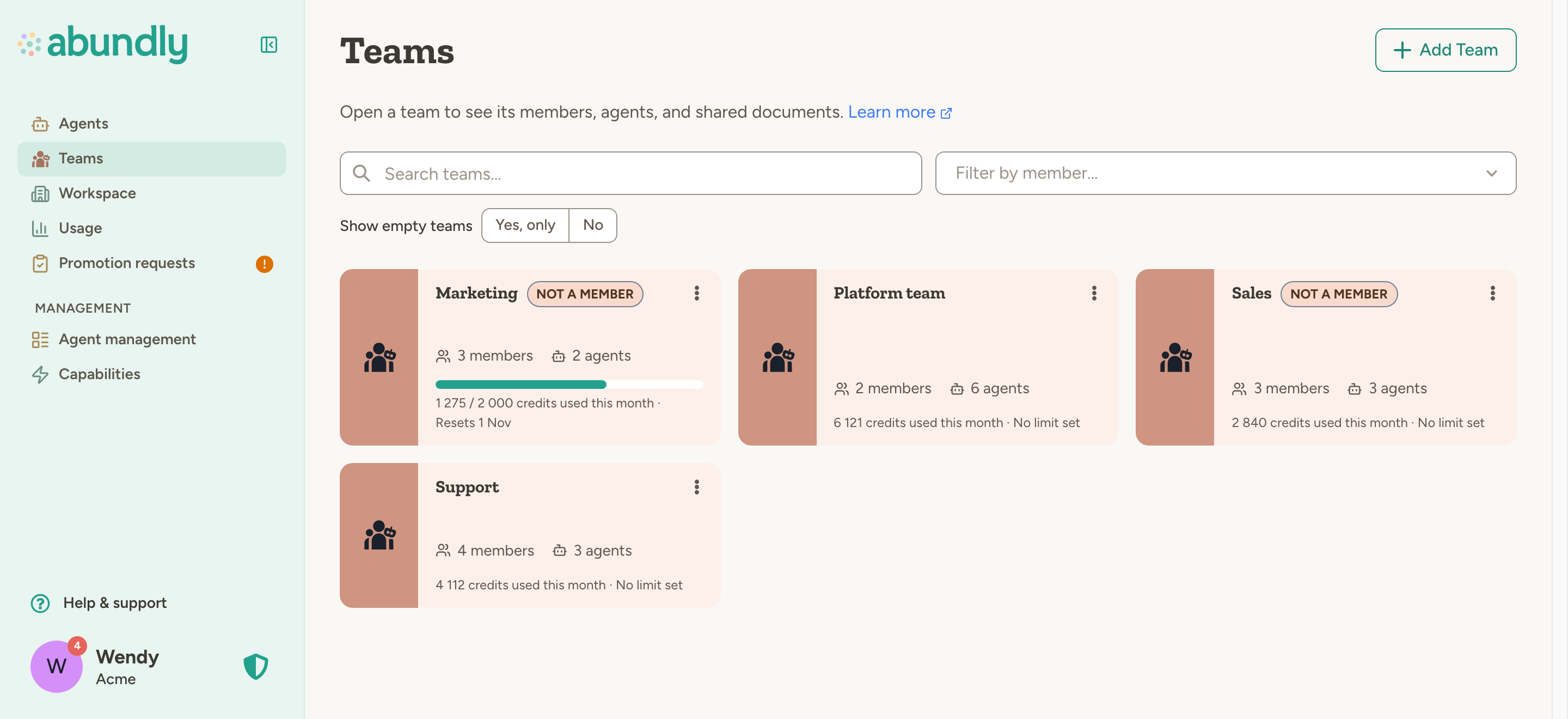 Teams page with four team cards: Marketing, Platform team, Sales and Support, each showing members, agents and credits used this month; Marketing also has a monthly limit with a progress bar