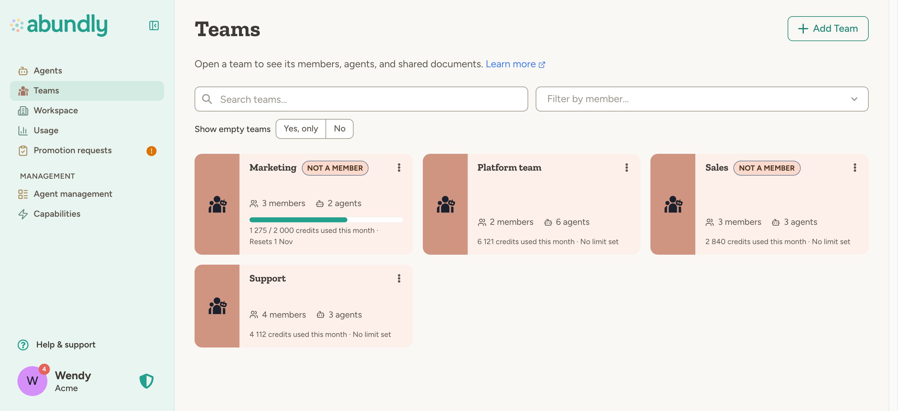 Teams page with four team cards: Marketing, Platform team, Sales and Support, each showing members, agents and credits used this month; Marketing also has a monthly limit with a progress bar