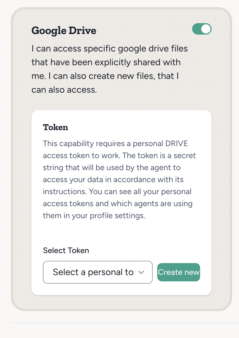 Google Drive capability configuration showing token selection