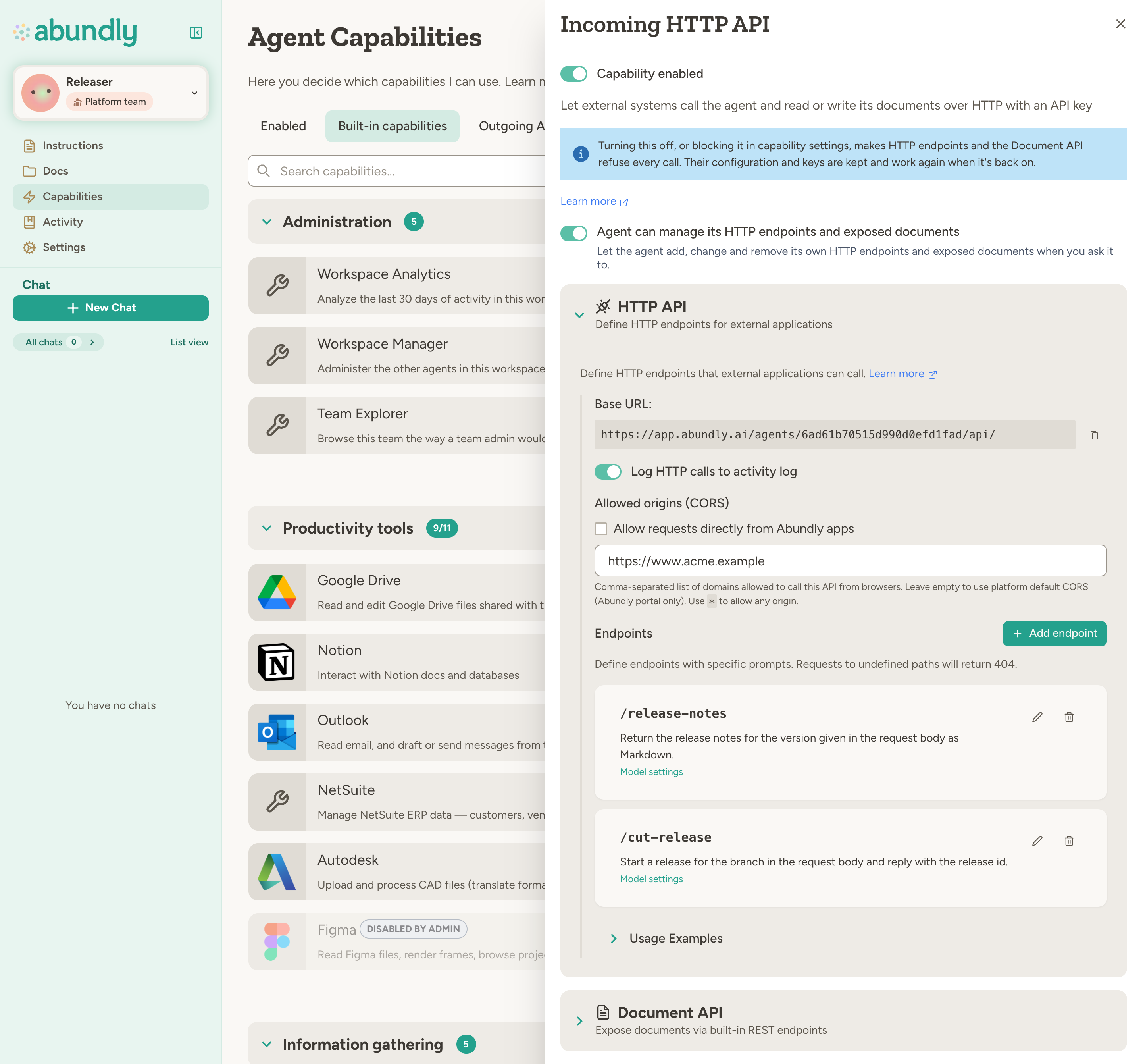 Incoming HTTP API capability panel with the endpoint-management switch, two HTTP API endpoints, and the Document API and API Keys sections