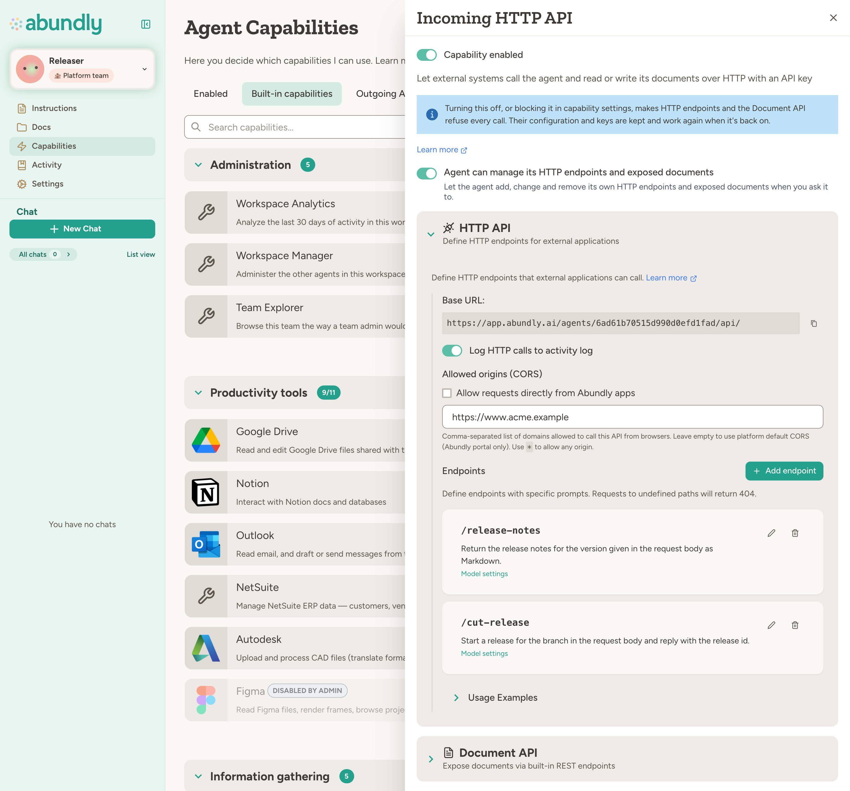 Incoming HTTP API capability panel with the endpoint-management switch, two HTTP API endpoints, and the Document API and API Keys sections