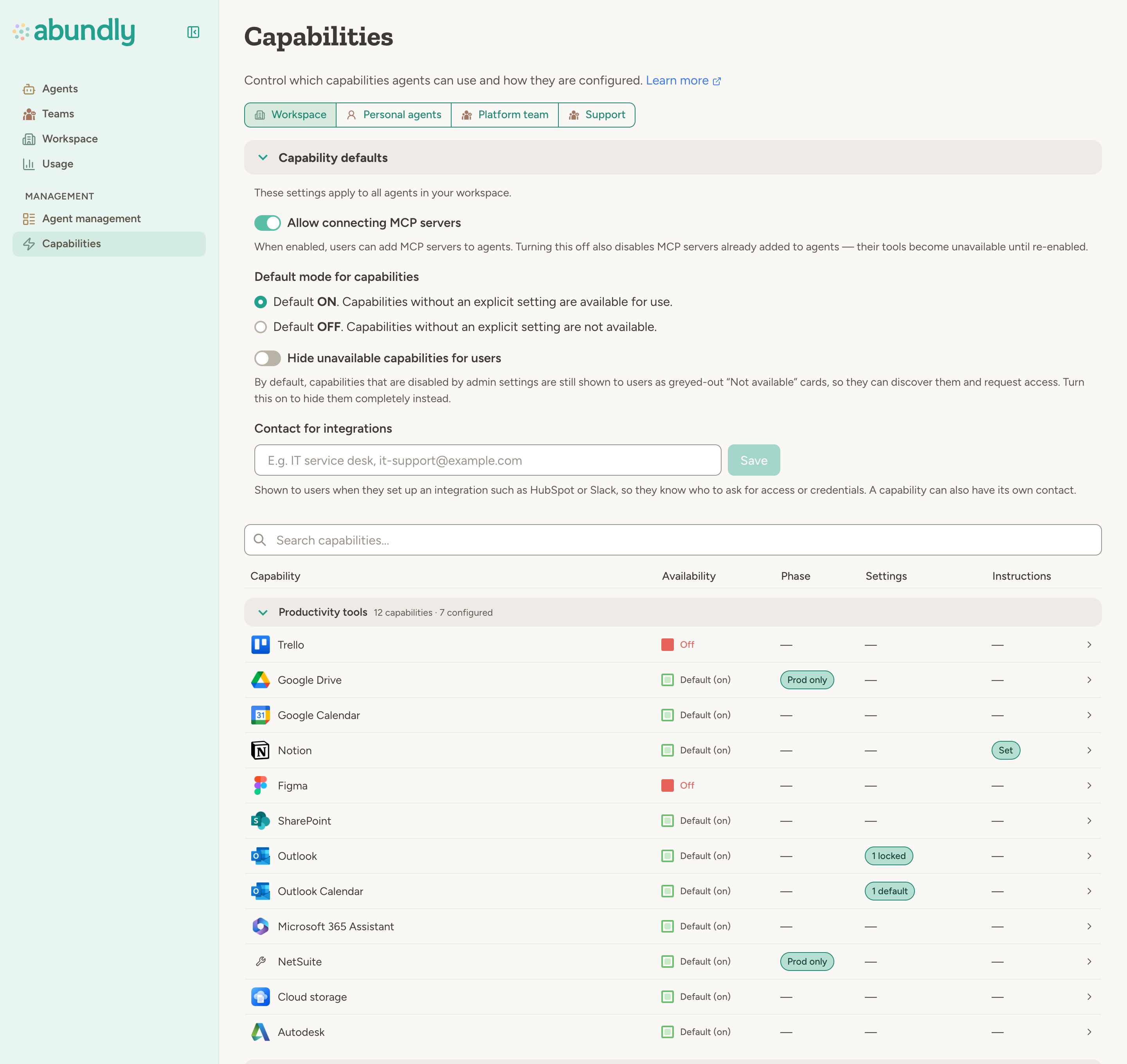 Workspace Capabilities page: Capability defaults (allow connecting MCP servers, default mode on, show unavailable capabilities, contact for integrations) above the capability table, where Trello and Figma are off, Google Drive and NetSuite are production-only, Outlook has a locked setting, Outlook Calendar a default setting, and Notion extra instructions