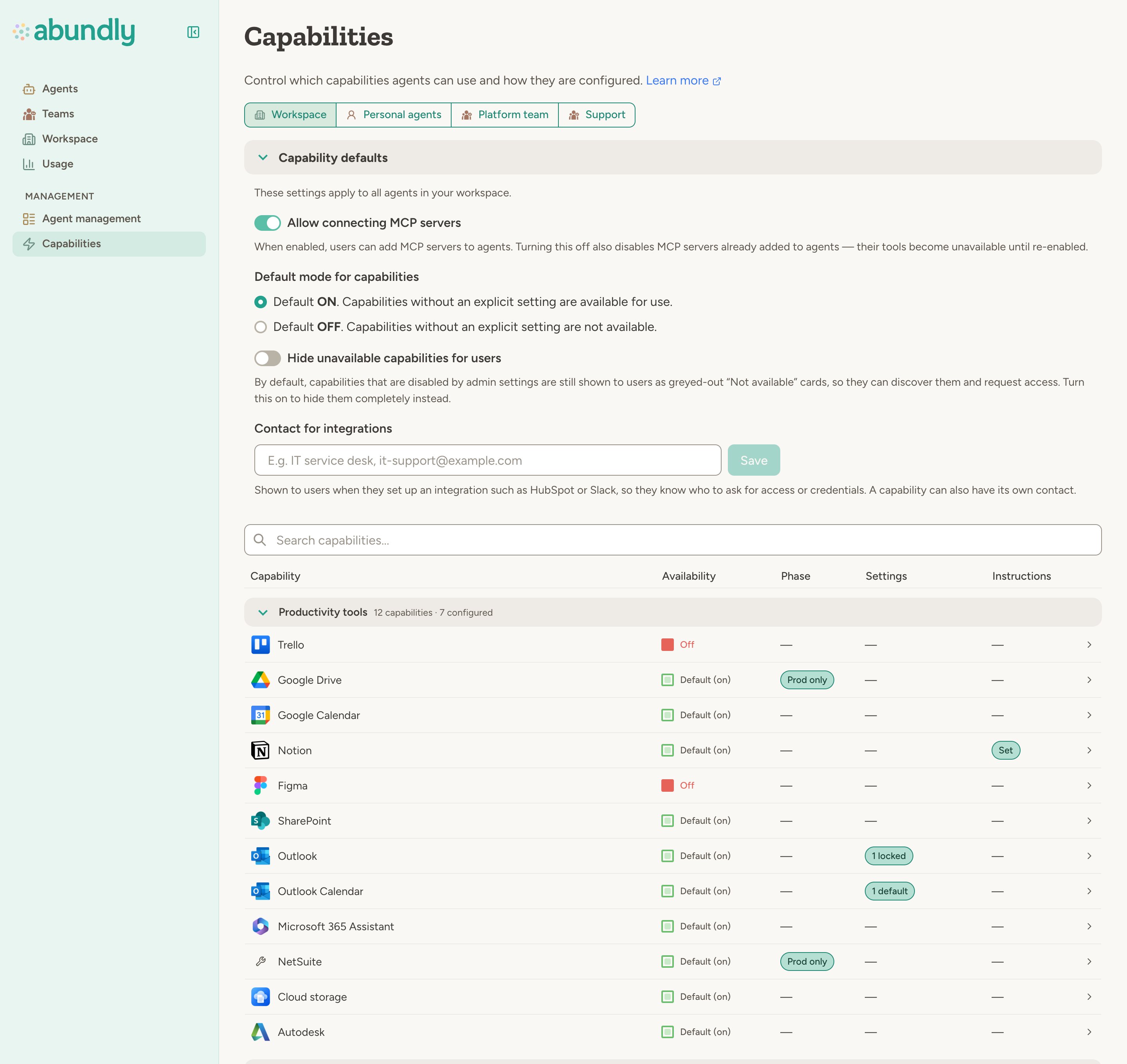 Workspace Capabilities page: Capability defaults (allow connecting MCP servers, default mode on, show unavailable capabilities, contact for integrations) above the capability table, where Trello and Figma are off, Google Drive and NetSuite are production-only, Outlook has a locked setting, Outlook Calendar a default setting, and Notion extra instructions