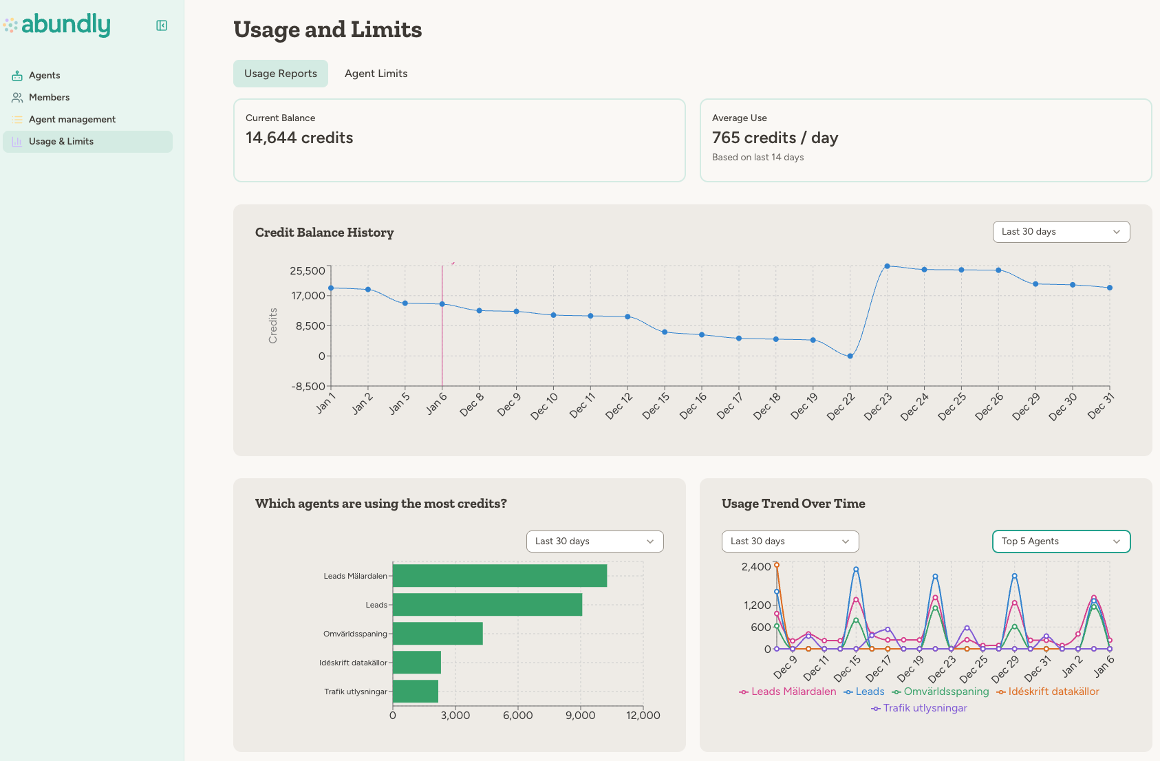 Usage Reports dashboard showing credit balance, usage graphs, and per-agent consumption