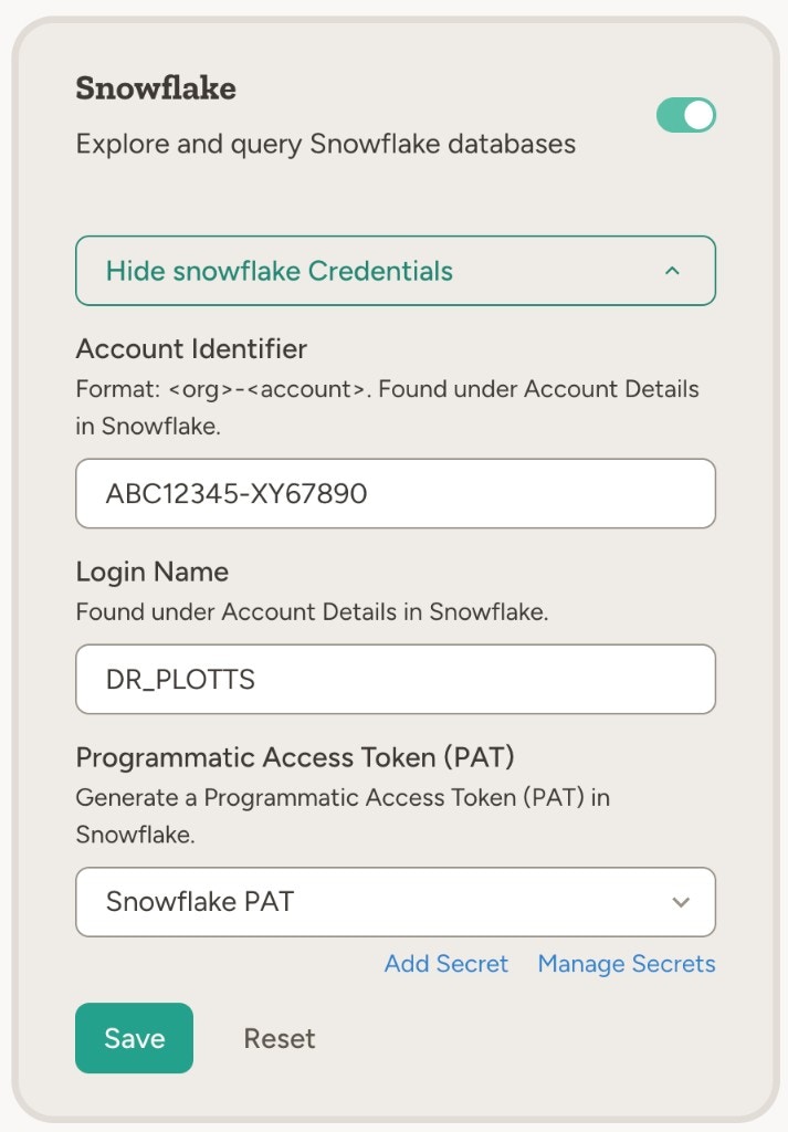 Screenshot: Snowflake capability card in Settings → Capabilities with account, login name and PAT configured