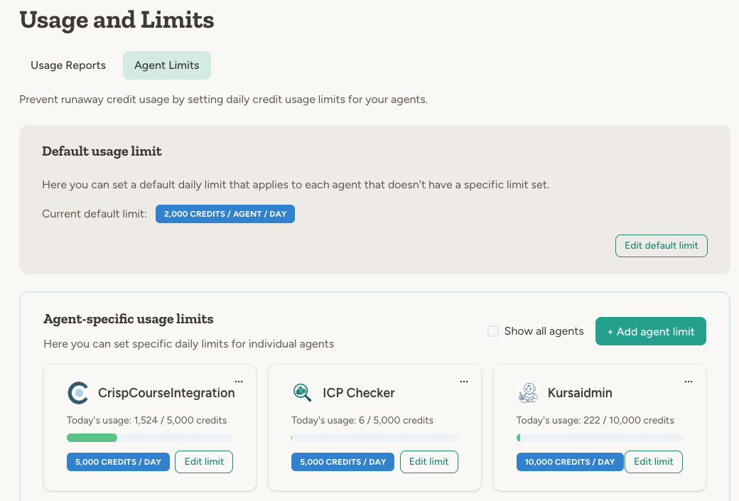 Agent Limits tab showing default limit and per-agent limit configuration