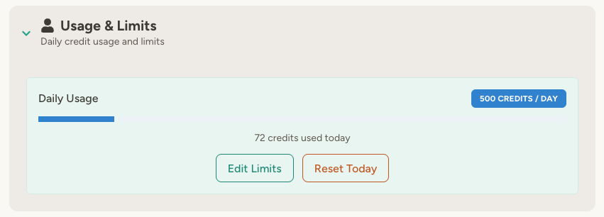 Usage & Limits section in agent settings showing daily usage and reset button