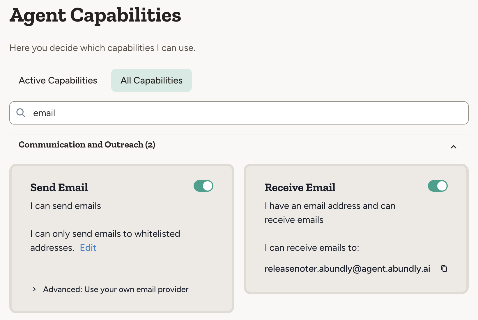 Email capabilities showing Send Email and Receive Email toggles
