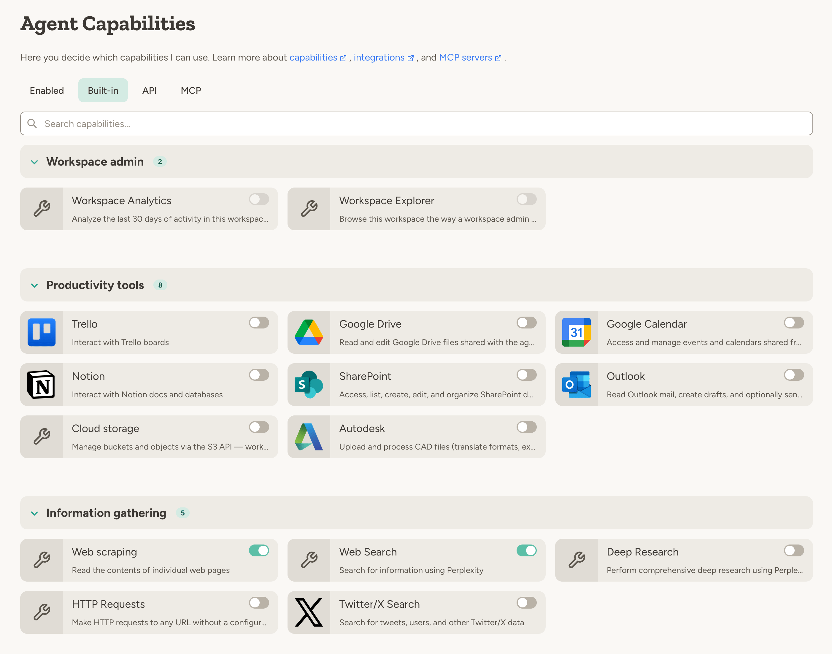 Capability card showing toggle and configuration options