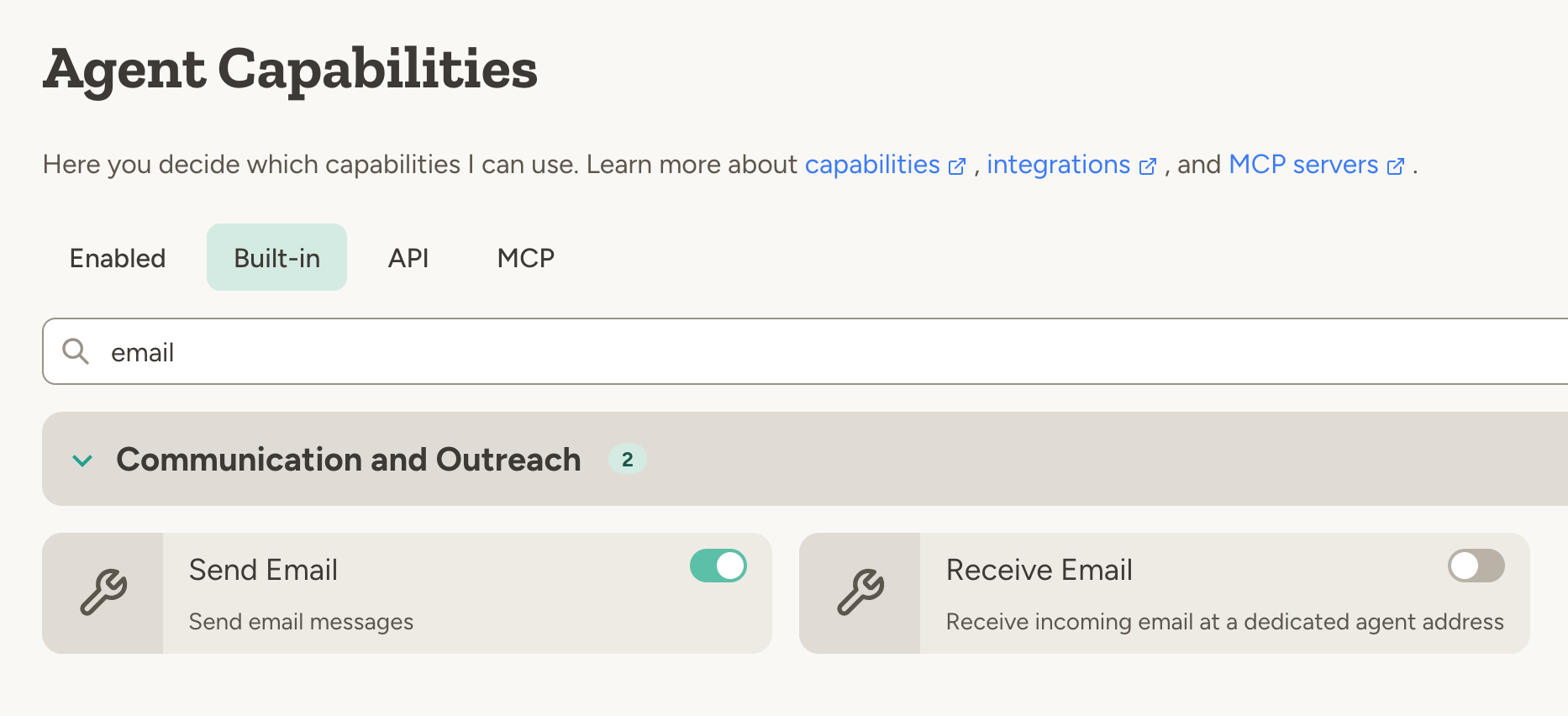 Email capabilities showing Send Email and Receive Email toggles
