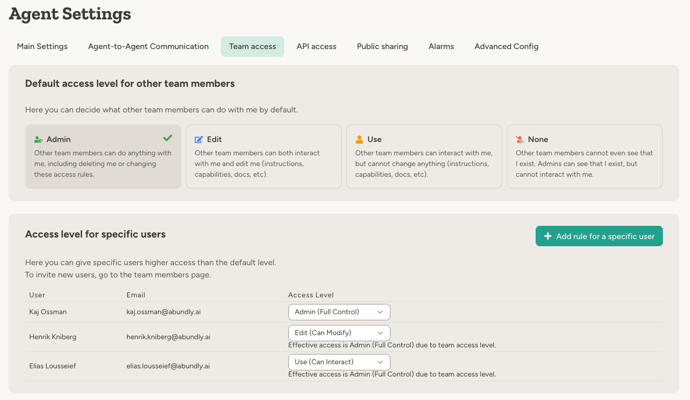 Agent team access settings showing default access level for team members and user-specific access rules