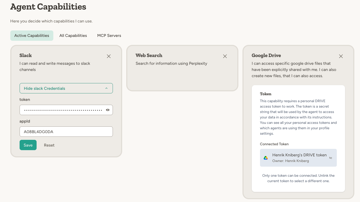 Three capabilities showing different credential patterns: Slack with user-entered token, Web Search with no credentials needed, and Google Drive with a connected personal token