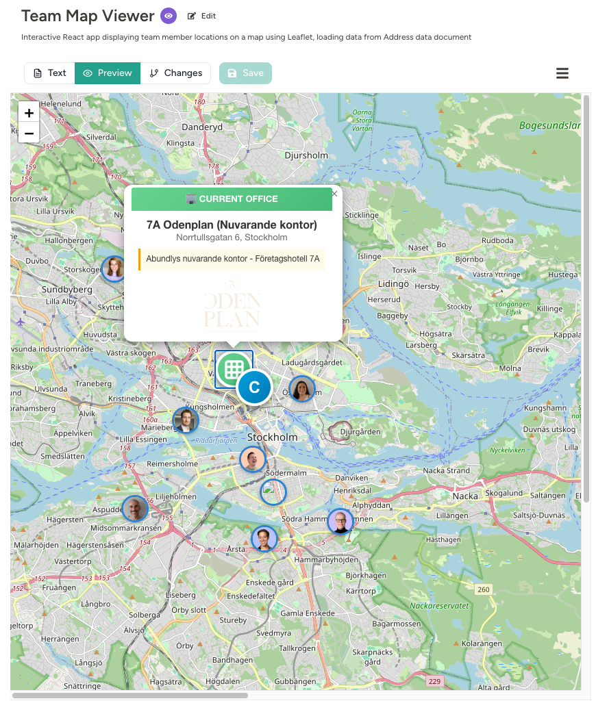Interactive map showing team member locations and calculated transit times to potential office locations