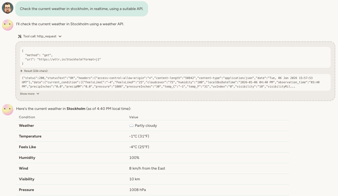 Agent checking real-time weather in Stockholm using an external API