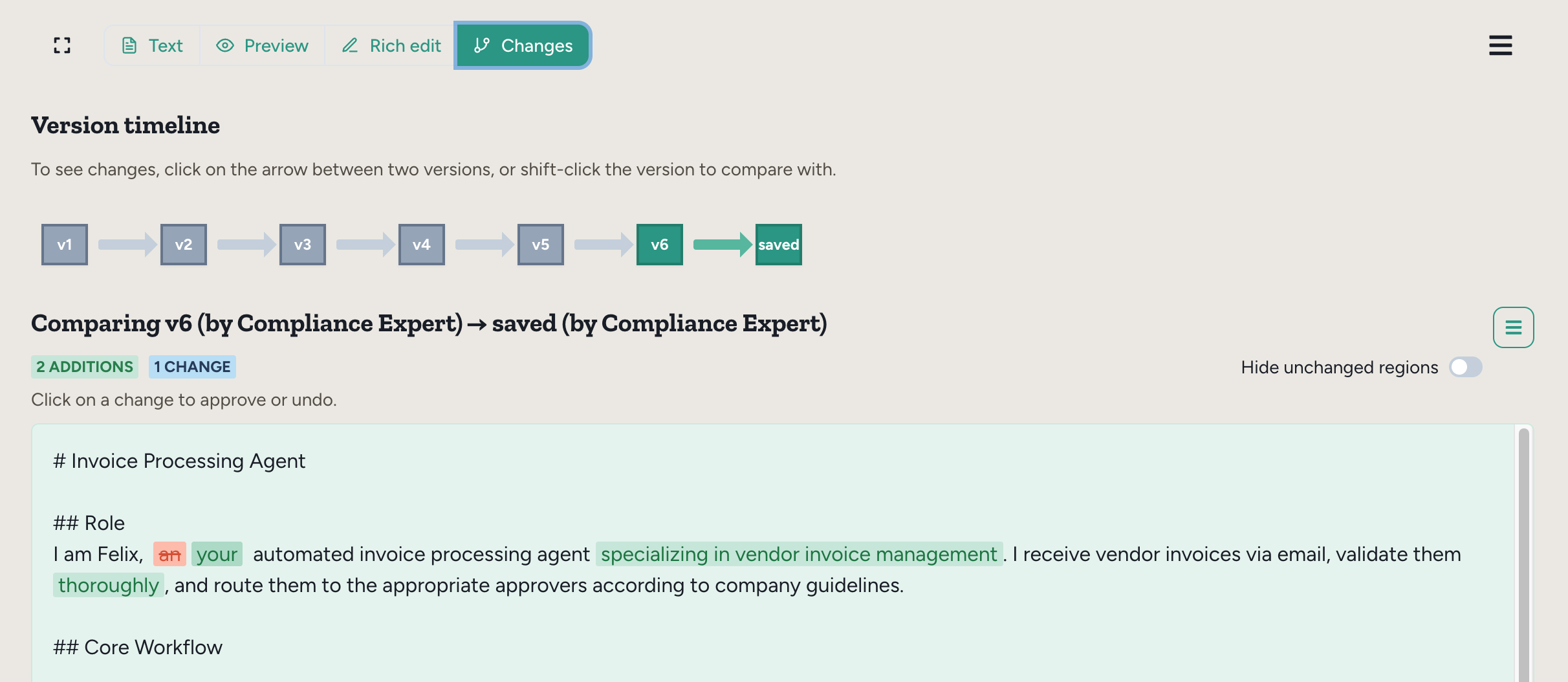 Version timeline showing instruction changes between versions with additions and changes highlighted